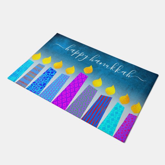 Happy Hanukkah Script Modern Boho Candle Turquoise Deurmat (Schuin)
