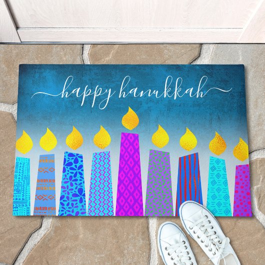 Happy Hanukkah Script Modern Boho Candle Turquoise Deurmat