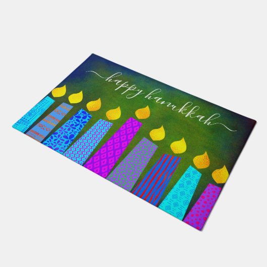 Happy Hanukkah Script Modern Boho Candles on Green Deurmat (Schuin)