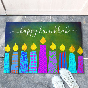 Happy Hanukkah Script Modern Boho Candles on Green Deurmat