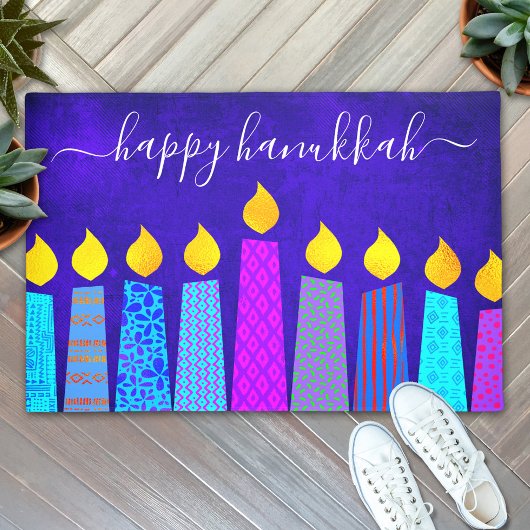 Happy Hanukkah Script Modern Boho Candles op Blue Deurmat