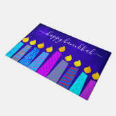 Happy Hanukkah Script Modern Boho Candles op Blue Deurmat (Schuin)