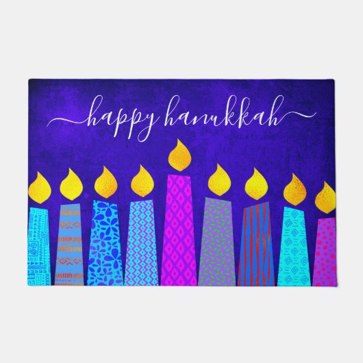 Happy Hanukkah Script Modern Boho Candles op Blue Deurmat (Voorkant)