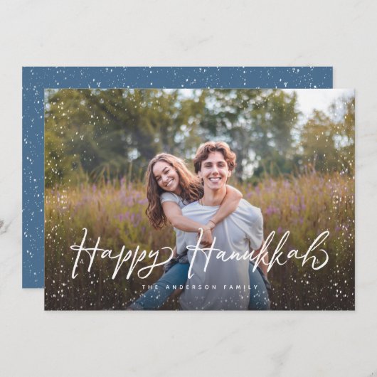 Happy Hanukkah Script Sneeuwfoto Feestdagenkaart (Voorkant / Achterkant)