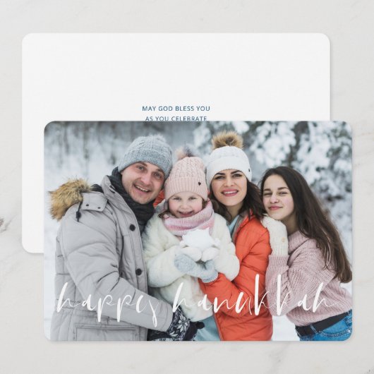 Happy Hanukkah Simple Cursive Custom Family Foto Feestdagenkaart (Voorkant / Achterkant)