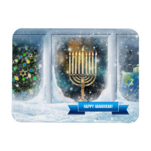 Happy Hanukkah. sneeuwscène met Menorah Magneet