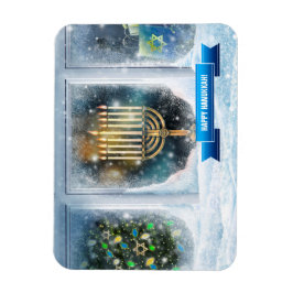 Happy Hanukkah. sneeuwscène met Menorah Magneet