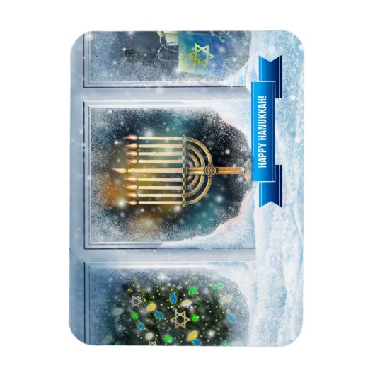 Happy Hanukkah. sneeuwscène met Menorah Magneet (Verticaal)