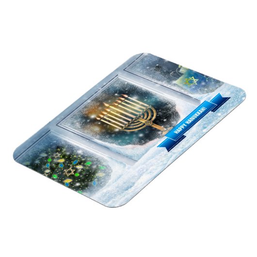 Happy Hanukkah. sneeuwscène met Menorah Magneet (Linkerzijde)