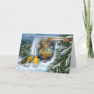 Happy Hanukkah. Sneeuwvensterscène met Menorah Feestdagen Kaart