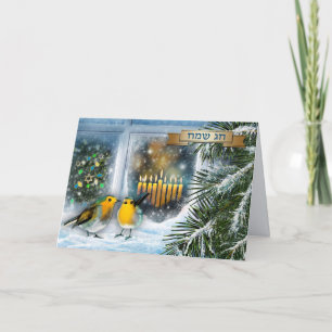 Happy Hanukkah. Sneeuwvensterscène met Menorah Feestdagen Kaart