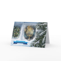 Happy Hanukkah. Sneeuwvensterscène met Menorah