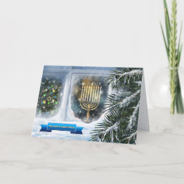 Happy Hanukkah. Sneeuwvensterscène met Menorah Feestdagen Kaart
