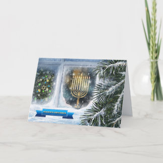 Happy Hanukkah. Sneeuwvensterscène met Menorah Feestdagen Kaart