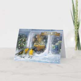 Happy Hanukkah. Sneeuwvensterscène met Menorah Feestdagen Kaart