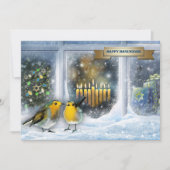 Happy Hanukkah. Sneeuwvensterscène met Menorah Feestdagenkaart (Voorkant)
