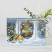 Happy Hanukkah. Sneeuwvensterscène met Menorah Feestdagenkaart (Staand voorkant)