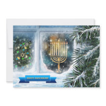 Happy Hanukkah. Sneeuwvensterscène met Menorah