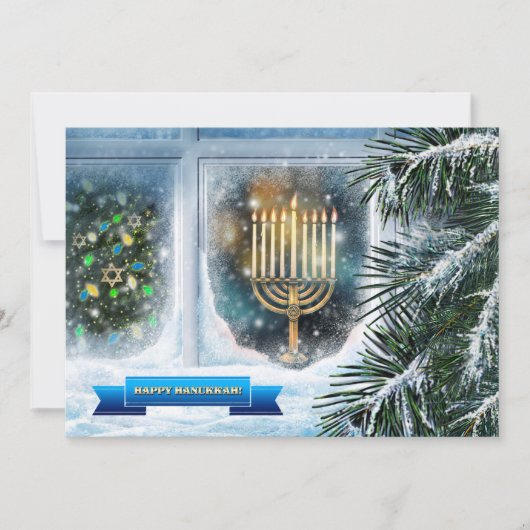 Happy Hanukkah. Sneeuwvensterscène met Menorah Feestdagenkaart (Voorkant)