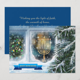 Happy Hanukkah. Sneeuwvensterscène met Menorah Feestdagenkaart