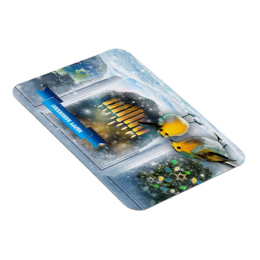 Happy Hanukkah. Sneeuwvensterscène met Menorah Magneet (Rechterzijde)