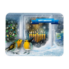 Happy Hanukkah. Sneeuwvensterscène met Menorah Magneet