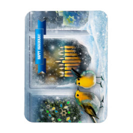 Happy Hanukkah. Sneeuwvensterscène met Menorah Magneet