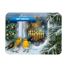 Happy Hanukkah. Sneeuwvensterscène met Menorah Magneet