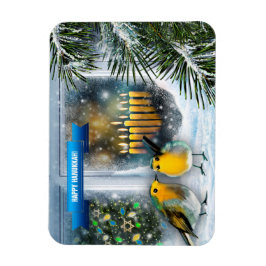Happy Hanukkah. Sneeuwvensterscène met Menorah Magneet
