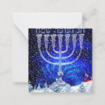 Happy Hanukkah Snow & Menorah Notitiekaartje<br><div class="desc">Happy Hanukkah in Hebreeuws,  Sneeuwscenery,  Silver Menorah,  Achterkant Engelstalige Happy Hanukkah, </div>