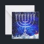 Happy Hanukkah Snow & Menorah Notitiekaartje<br><div class="desc">Happy Hanukkah in Hebreeuws,  Sneeuwscenery,  Silver Menorah,  Achterkant Engelstalige Happy Hanukkah, </div>