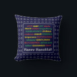 HAPPY HANUKKAH | Spiritueel fruit | BLAUW Kussen<br><div class="desc">Kleurrijke feestkussens met faux Silver Star van David in subtiel achtergrondpatroon. VRUCHTEN VAN HET SPIRIT,  met inbegrip van Hebreeuwse vertalingen,  zijn rood,  geel en groen. HAPPY HANUKKAH is aanpasbaar als u jouw naam wilt toevoegen. Een deel van het HANUKKAH-Collectie.</div>