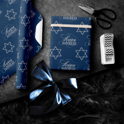Happy Hanukkah Star van David Classic Silver Navy Cadeaupapier