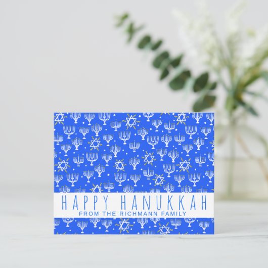 Happy Hanukkah Star van David Menorah Blue CUSTOM Briefkaart (Staand voorkant)