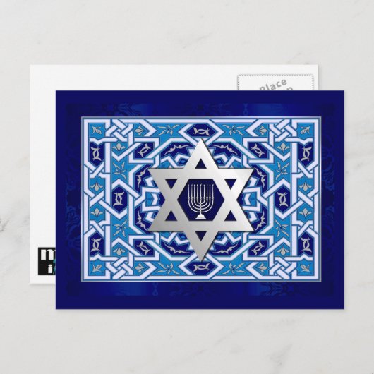 Happy Hanukkah. Ster van David en Menorah Feestdagenkaart (Voorkant / Achterkant)