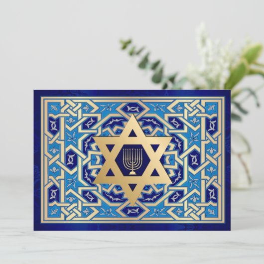 Happy Hanukkah. Ster van David en Menorah Kaarten (Staand voorkant)