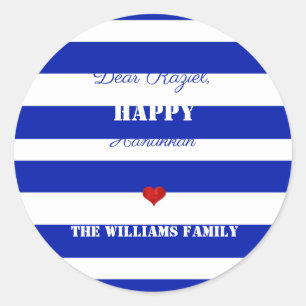 Happy Hanukkah Striped Pattern Blue en White Ronde Sticker