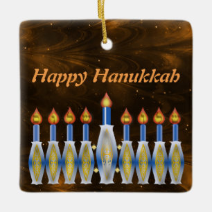Happy Hanukkah Stylized Menorah Nebulous Sky Keramisch Ornament