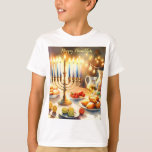 Happy Hanukkah T-shirt<br><div class="desc">Hanukkah waterverf illustratie. Een prachtig ingerichte tafel voor een feestelijke viering,  met een traditionele menora met aangestoken kaarsen. Zacht,  warm licht,  terwijl vakantiedecoraties een vleugje vrolijkheid toevoegen. Warme lichten creëren een gezellige,  uitnodigende sfeer.</div>