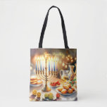 Happy Hanukkah Tote Bag<br><div class="desc">Hanukkah waterverf illustratie. Een prachtig ingerichte tafel voor een feestelijke viering,  met een traditionele menora met aangestoken kaarsen. Zacht,  warm licht,  terwijl vakantiedecoraties een vleugje vrolijkheid toevoegen. Warme lichten creëren een gezellige,  uitnodigende sfeer.</div>