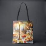 Happy Hanukkah Tote Bag<br><div class="desc">Hanukkah waterverf illustratie. Een prachtig ingerichte tafel voor een feestelijke viering,  met een traditionele menora met aangestoken kaarsen. Zacht,  warm licht,  terwijl vakantiedecoraties een vleugje vrolijkheid toevoegen. Warme lichten creëren een gezellige,  uitnodigende sfeer.</div>