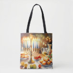 Happy Hanukkah Tote Bag<br><div class="desc">Hanukkah waterverf illustratie. Een prachtig ingerichte tafel voor een feestelijke viering,  met een traditionele menora met aangestoken kaarsen. Zacht,  warm licht,  terwijl vakantiedecoraties een vleugje vrolijkheid toevoegen. Warme lichten creëren een gezellige,  uitnodigende sfeer.</div>