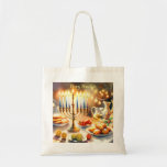 Happy Hanukkah Tote Bag<br><div class="desc">Hanukkah waterverf illustratie. Een prachtig ingerichte tafel voor een feestelijke viering,  met een traditionele menora met aangestoken kaarsen. Zacht,  warm licht,  terwijl vakantiedecoraties een vleugje vrolijkheid toevoegen. Warme lichten creëren een gezellige,  uitnodigende sfeer.</div>