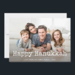 Happy Hanukkah | Typewriter Text and Photo Feestdagenkaart<br><div class="desc">Simpel This and sweet Hanukkah card features your own personal foto across the front,  along with the words "Happy Hanukkah" in vintage white typewriter text,  and a spot to personalize as you wish. The back features a dark,  navy blue color.</div>