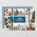 Happy Hanukkah Typografie Blue Photo Collage Feestdagenkaart<br><div class="desc">Happy Hanukkah! Verstuur vakantiewensen en groeten met deze moderne en stijlvolle vakantiefoto. Hij heeft een retro gewaagde typografie met een wit en blauw diagonaal streekpatroon. Personaliseer door uw favoriete foto's, groet, namen en andere details toe te voegen. De teksten zijn volledig bewerkbaar. Beschikbaar als een platte kaart, gevouwen kaart en...</div>