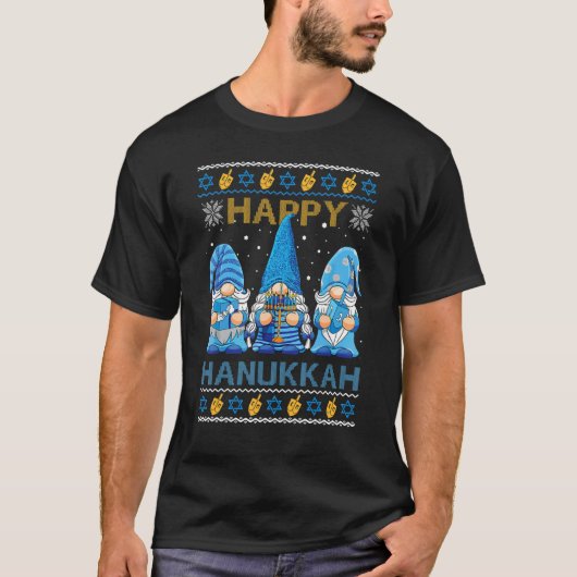 Happy Hanukkah Ugly Kerstmis Gnoome Gnomies Menora T-shirt (Voorkant)