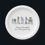 Happy Hanukkah uit New York City NYC Chanukah Papieren Bordje<br><div class="desc">Het ontwerp bevat een originele pen-en-ink illustratie van verschillende bezienswaardigheden in New York, waaronder het Vrijheidsbeeld, de Washington Square Arch en de Brooklyn Bridge, "verkleed" voor de feestdagen. Ideaal voor het vieren van Chanoeka en de joodse feestdagen. Dit NYC-ontwerp is ook beschikbaar voor andere producten. Coördinerende Chanukah partij design zijn...</div>