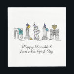 Happy Hanukkah uit New York City NYC Chanukah Servet<br><div class="desc">Het ontwerp bevat een originele pen-en-ink illustratie van verschillende bezienswaardigheden in New York, waaronder het Vrijheidsbeeld, de Washington Square Arch en de Brooklyn Bridge, "verkleed" voor de feestdagen. Ideaal voor het vieren van Chanoeka en de joodse feestdagen. Dit NYC-ontwerp is ook beschikbaar voor andere producten. Coördinerende Chanukah partij design zijn...</div>