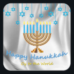 Happy Hanukkah Vierkante Sticker<br><div class="desc">Oy to World</div>