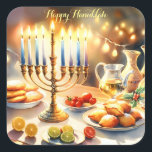 Happy Hanukkah Vierkante Sticker<br><div class="desc">Hanukkah waterverf illustratie. Een prachtig ingerichte tafel voor een feestelijke viering,  met een traditionele menora met aangestoken kaarsen. Zacht,  warm licht,  terwijl vakantiedecoraties een vleugje vrolijkheid toevoegen. Warme lichten creëren een gezellige,  uitnodigende sfeer.</div>